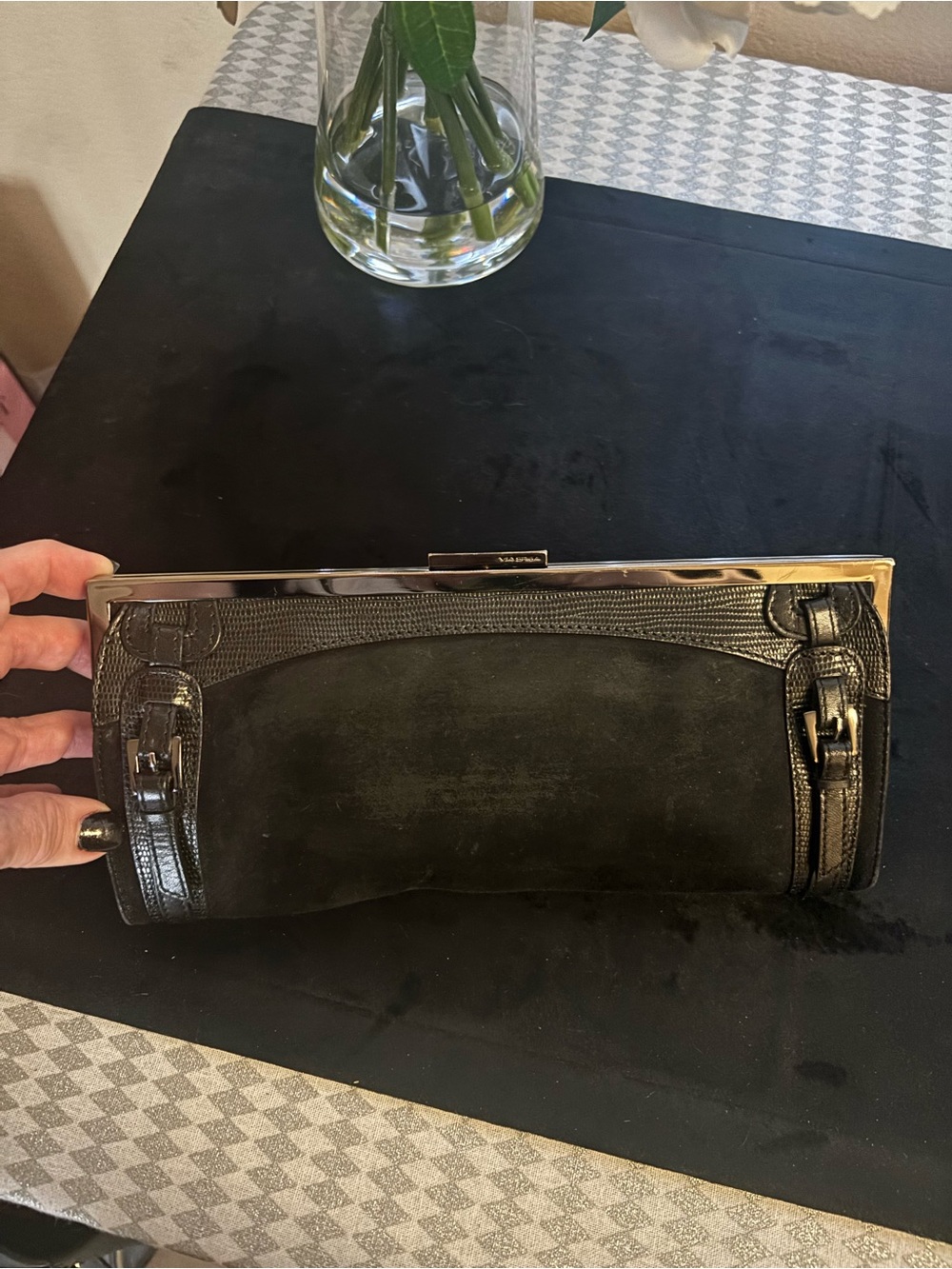 Via Spiga Black Suede and Leather Clutch - Designer Style